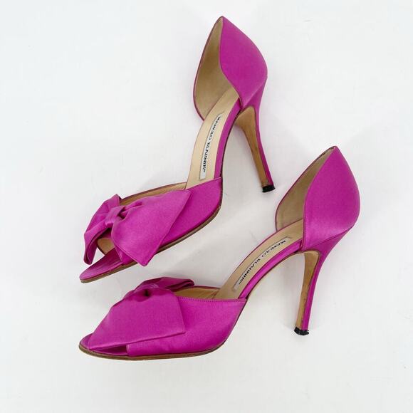 Manolo Blahnik Fuchsia Pink Silk Satin Bow Detail Peep Toe D'Orsay Pump IT 38 - Picture 5 of 14